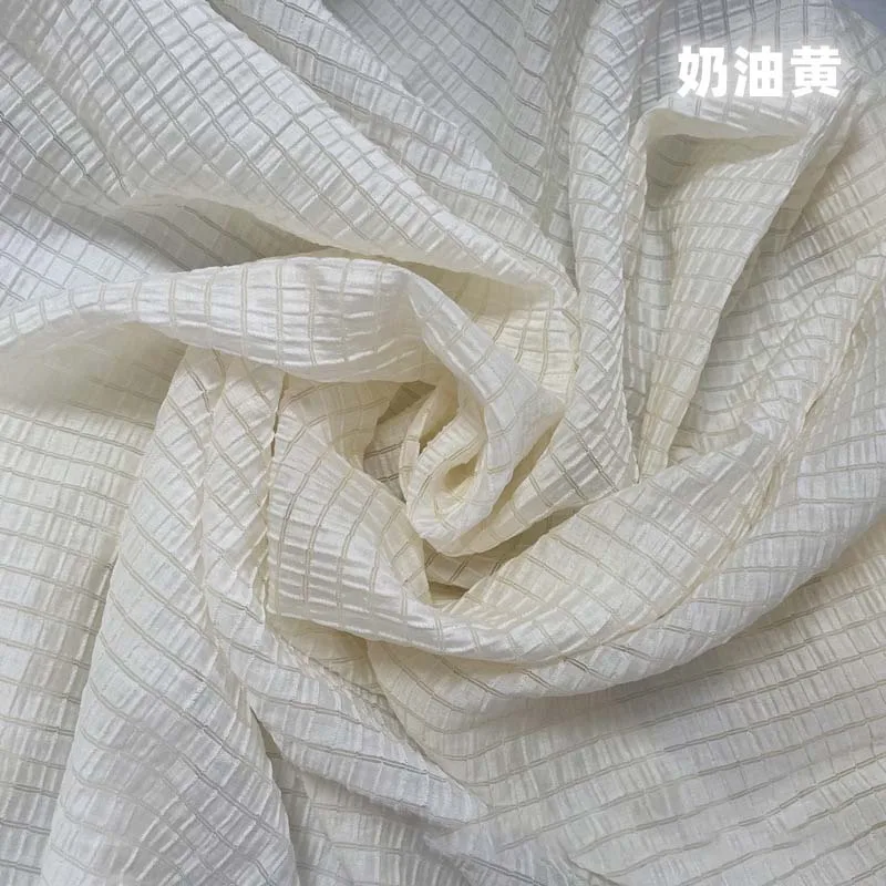 Textile And Sewing Materials - Cream Yellow Checkered Fabric Soft Breathable